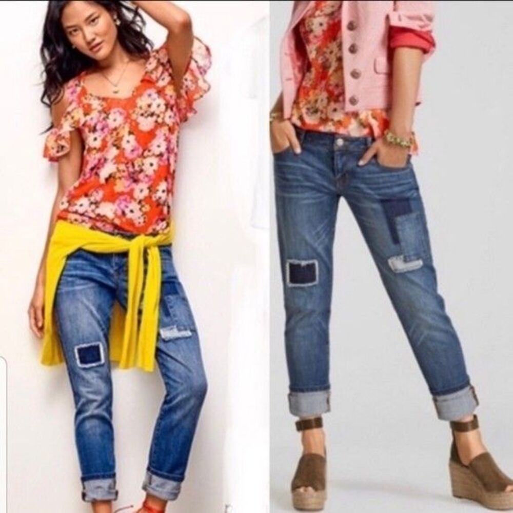 CAbi Distressed Blue Boyfriend Jeans with Patches